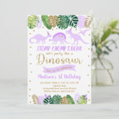 Invitation Purple Gold Dinosaur fille Anniversaire (Debout devant)