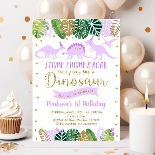Invitation Purple Gold Dinosaur fille Anniversaire