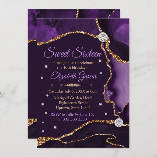 Invitation Purple & Gold Faux Parties scintillant Agate Sweet (Devant / Derrière)