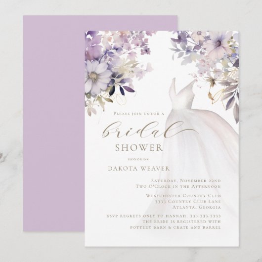 Invitation Purple Gold Fête des mariées de robe Mariage (Devant / Derrière)