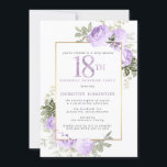 Invitation Purple Gold Floral 18e anniversaire Surprise Party<br><div class="desc">Faites honneur à une femme spéciale grâce à cette invitation à la fête surprise du 18e anniversaire, élégante et féminine. Le 18ème est écrit en gros texte violet. Anniversaire Surprise Party suit. Le nom de l'invité honoré est également en lettres majuscules violettes. Le reste du texte est doucement gris colombe....</div>
