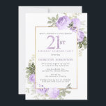 Invitation Purple Gold Floral 21e anniversaire Surprise Party<br><div class="desc">Faites honneur à une femme spéciale avec cette invitation de fête surprise 21e anniversaire, élégante et féminine. 21e est écrit en gros texte violet. Anniversaire Surprise Party suit. Le nom de l'invité honoré est également en lettres majuscules violettes. Le reste du texte est doucement gris colombe. Les détails de la...</div>