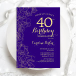 Invitation Purple Gold Floral 40e fête d'anniversaire<br><div class="desc">Purple Gold Floral 40th Birthday Party Invitation. Design moderne minimaliste avec accents de dessin botanique, fausse feuille d'or et police de script de typographie. Carte invitation simple et tendance, parfaite pour une célébration anniversaire élégante. Peut être customisé à n'importe quel âge. Invitations Zazzle imprimées ou téléchargement instantané modèle imprimable numérique....</div>