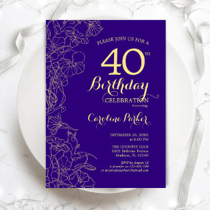 Invitation Purple Gold Floral 40e fête d'anniversaire