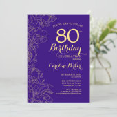Invitation Purple Gold Floral 80e fête d'anniversaire (Debout devant)