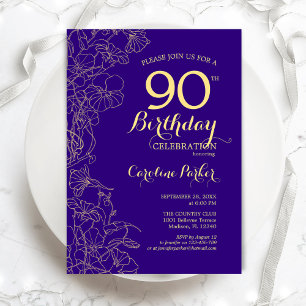 Invitation Purple Gold Floral 90e fête d'anniversaire