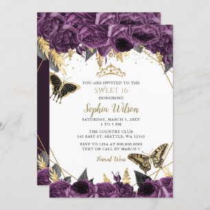 Invitation Purple Gold Floral Butterfly Sweet 16