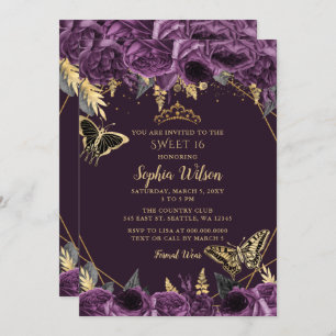 Invitation Purple Gold Floral Butterfly Sweet 16