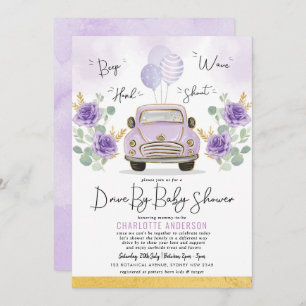 Invitation Purple Gold Floral Drive By Baby shower Parade