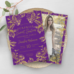 Invitation Purple Gold Floral Photo SURPRISE Sweet 16