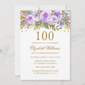 Invitation Purple Gold Floral Rose 100e anniversaire (Devant)