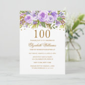 Invitation Purple Gold Floral Rose 100e anniversaire (Debout devant)