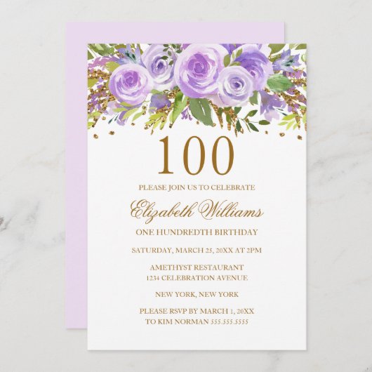 Invitation Purple Gold Floral Rose 100e anniversaire (Devant / Derrière)