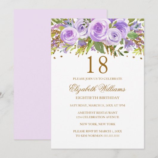 Invitation Purple Gold Floral Rose 18e anniversaire (Devant / Derrière)