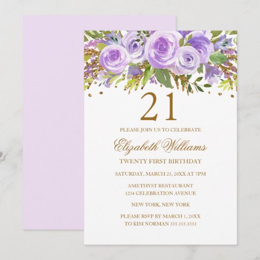 Invitation Purple Gold Floral Rose 21e anniversaire (Devant / Derrière)