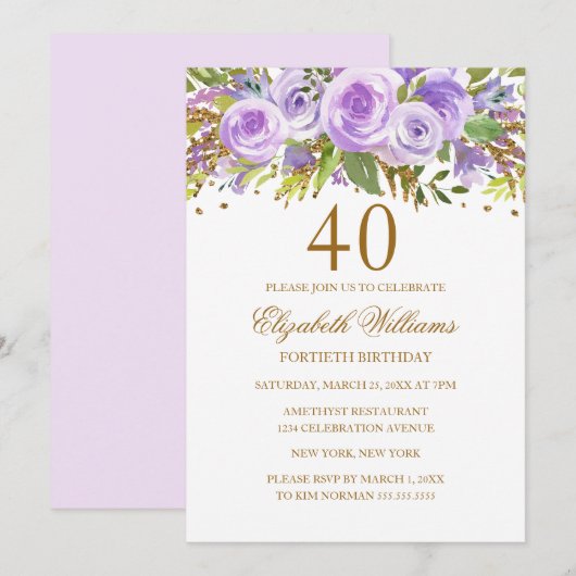 Invitation Purple Gold Floral Rose 40e anniversaire (Devant / Derrière)