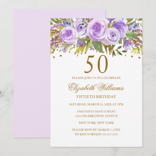Invitation Purple Gold Floral Rose 50e anniversaire (Devant / Derrière)