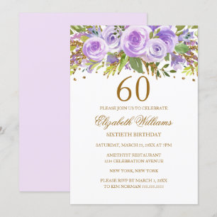 Invitation Purple Gold Floral Rose 60e anniversaire