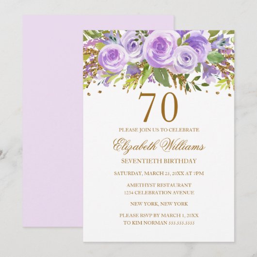 Invitation Purple Gold Floral Rose 70e anniversaire (Devant / Derrière)