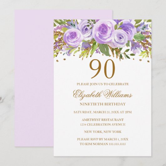 Invitation Purple Gold Floral Rose 90e anniversaire (Devant / Derrière)