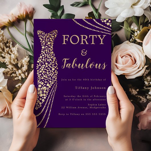 Invitation Purple & Gold Forty & Fab 40e anniversaire