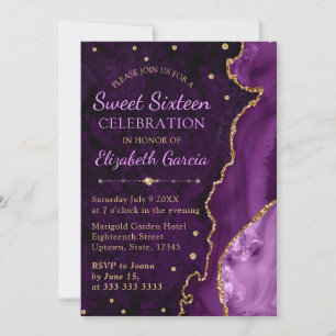 Invitation Purple & Gold Glitter Agate et marbre Sweet 16