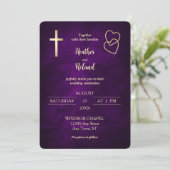 Invitation Purple Gold Hearts Christian Cross Mariage (Debout devant)