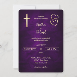 Invitation Purple Gold Hearts Christian Cross Mariage