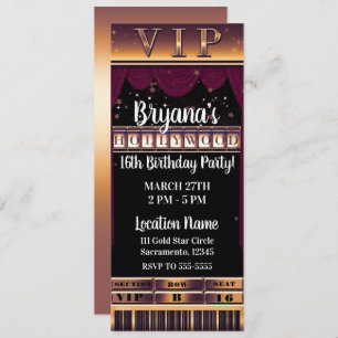 Invitation Purple Gold HOLLYWOOD Anniversaire VIP Ticket