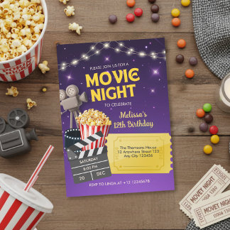 Invitation Purple Gold Kids Backyard Movie Night Birthday