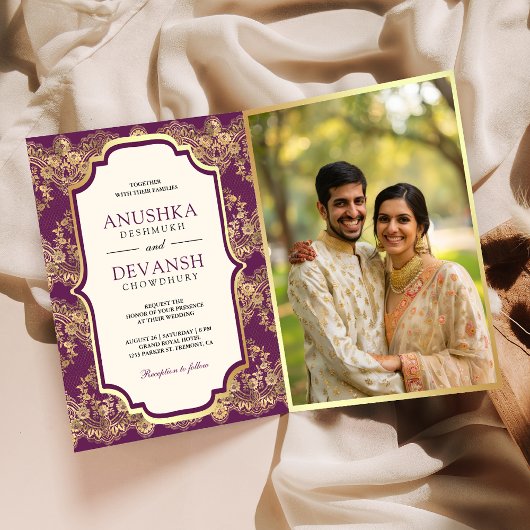 Invitation Purple Gold Lace QR Code Photo Mariage indien
