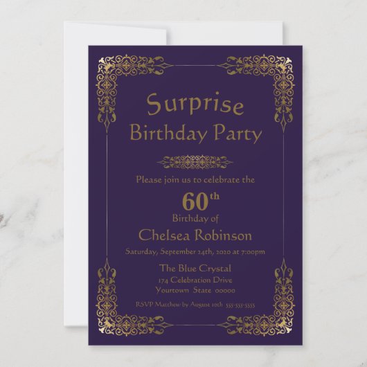 Invitation Purple Gold Lace Surprise 60e fête d'anniversaire (Devant)