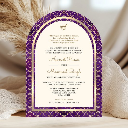 Invitation Purple Gold Marocain QR Code Sikh Arch Mariage