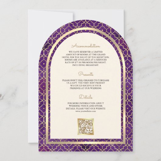 Invitation Purple Gold Marocain QR Code Sikh Arch Mariage (Dos)
