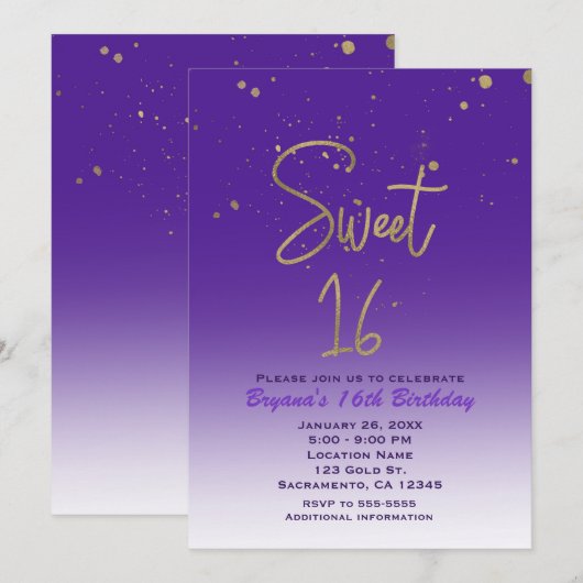 Invitation Purple & Gold Modern Glam SWEET 16 Anniversaire (Devant / Derrière)