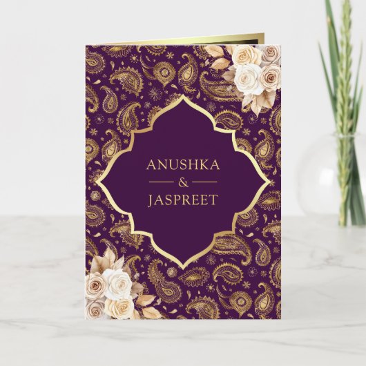 Invitation Purple Gold Paisley Floral QR Code Mariage indien (Devant)