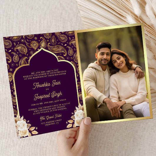 Invitation Purple Gold Paisley Floral QR Code Mariage indien