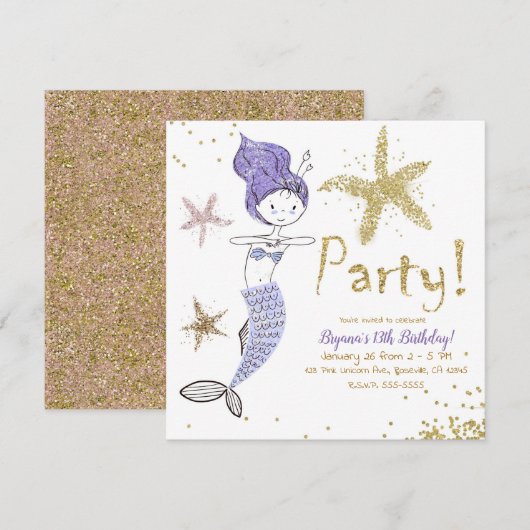 Invitation Purple & Gold Parties scintillant Sirène fête d'an (Devant / Derrière)