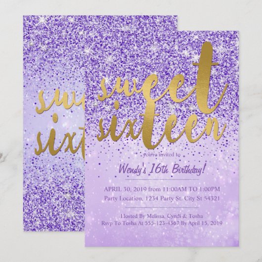 Invitation Purple & Gold Parties scintillant Sweet 16 Invitat (Devant / Derrière)