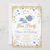 Invitation Purple Gold Parties scintillant Tea Party Filles A (Devant)
