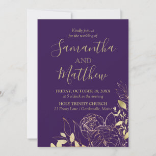 Invitation Purple & Gold Peony Mariage Floral moderne