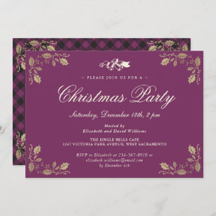 Invitation Purple Gold Plaid Fête de Noël