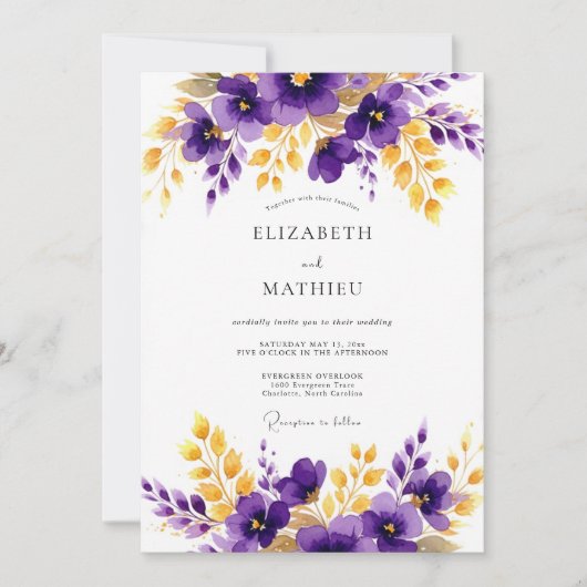 Invitation Purple Gold Polished Floral Wedding (Devant)