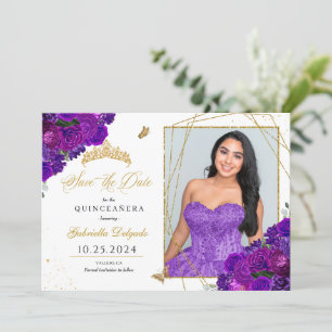 Invitation Purple & Gold Quinceañera Enregistrer La Date Phot