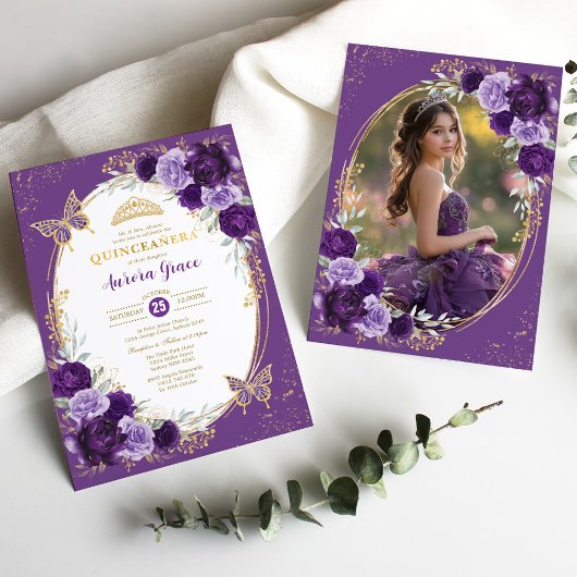 Invitation Purple Gold Quinceañera Flower Photo