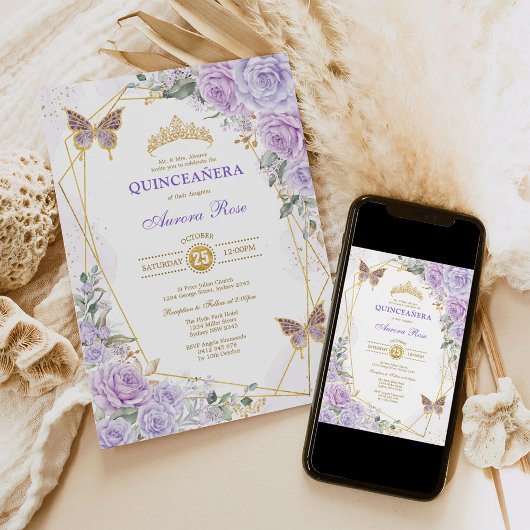 Invitation Purple Gold Quinceañera Papillon Rose Mis Quince