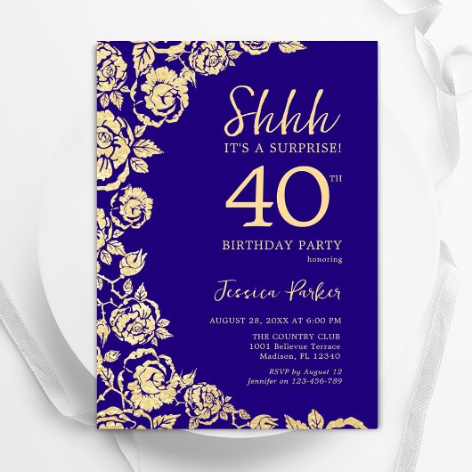 Invitation Purple Gold Roses Surprise 40e anniversaire