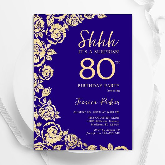 Invitation Purple Gold Roses Surprise 80e anniversaire