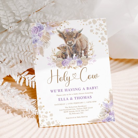 Invitation Purple Gold Saint Vache Boho Pampas Baby shower fi