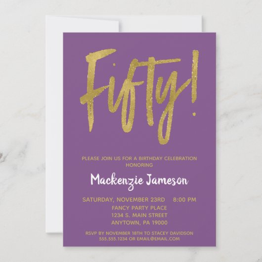 Invitation Purple Gold Script 50e Anniversaire Fête Invitatio (Devant)
